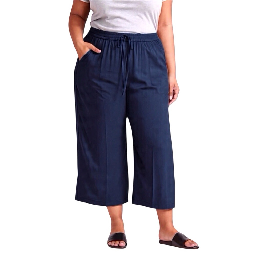 Adrianna Papell Pants Navy Blue Satin Wide Leg Crop Elastic Tie Waist Size 3X